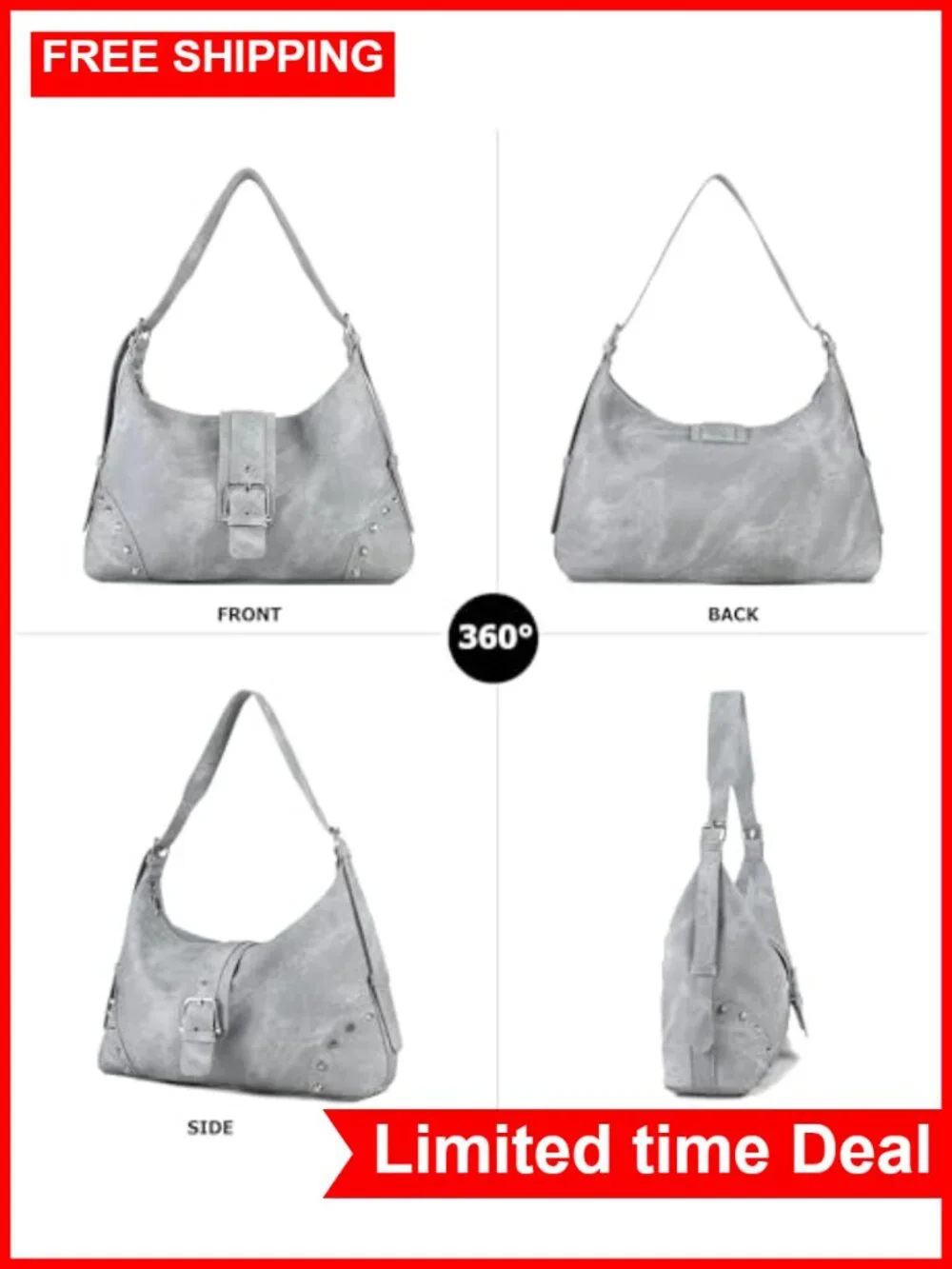 Vegan Leather Retro Rivet Hobo Shoulder Bag with Adjustable Strap
